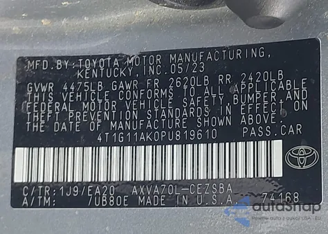 2023 Toyota Camry Se from USA, damaged, VIN 4T1G11AK0PU819610